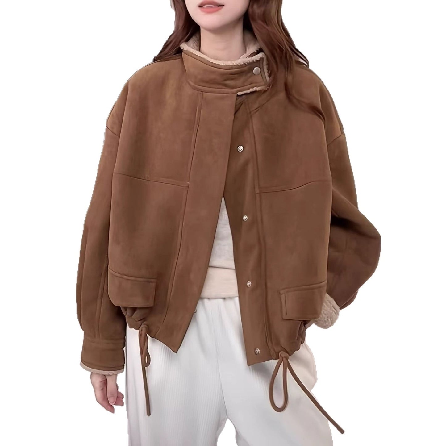 Womens Lambswool Coat Short Padded Suede Like Brown Cotton Padded Jacket