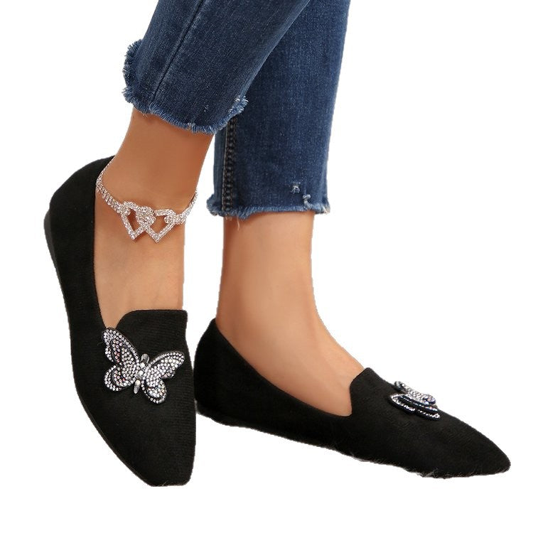 Arrival Black Flat-Heeled Butterfly Shoes Womens Suede Pointed-toe Slip-on Loafers Comfortable Shallow-mouth Pumps
