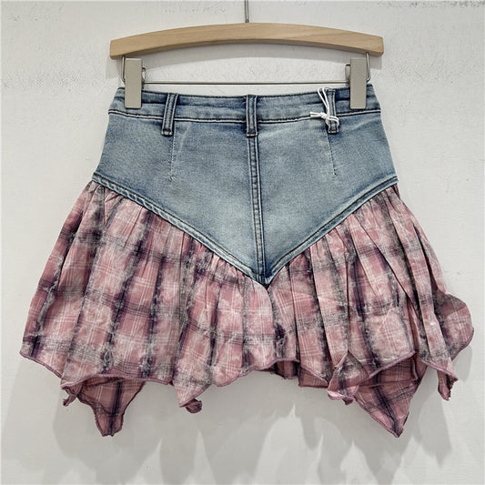Heavy Industry Stitching Plaid Contrast Color Design Washed Stretch Denim Skirt
