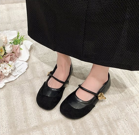 Fashion French Style Gentle Late-Wind Shoes, One-Strap Splicing Round Toe Hidden Wedge Mary Jane Ballet Flats
