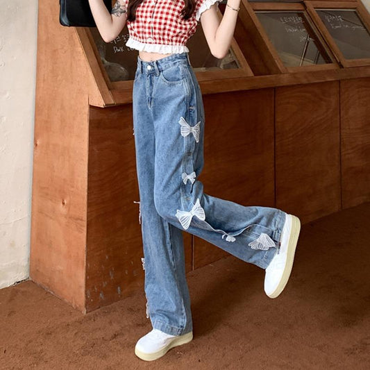 Bow High Waist Loose Straight Jeans