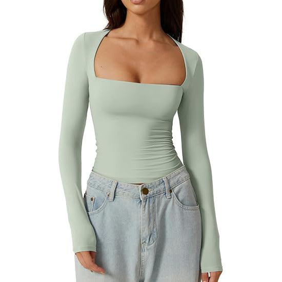 Women's Square Neck Autumn Top Long Sleeve Slim Fit Pullover Milk Silk T-shirt Elegant