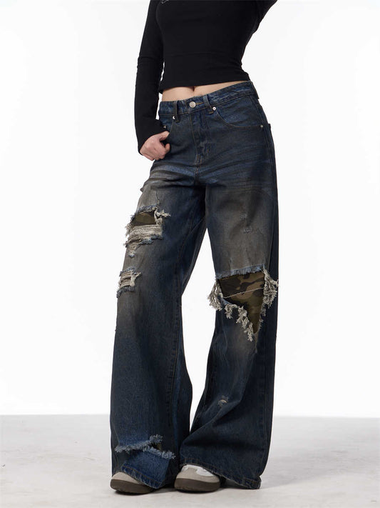 Kvinder Revne Jeans med Slidt Camouflage Patch Løse Lige Ben Vide Ben Bukser