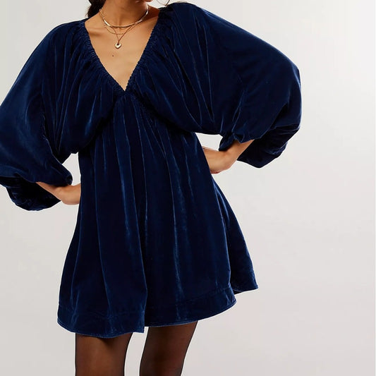 Women's Comfort And Casual Gold Velvet V-neck Dress