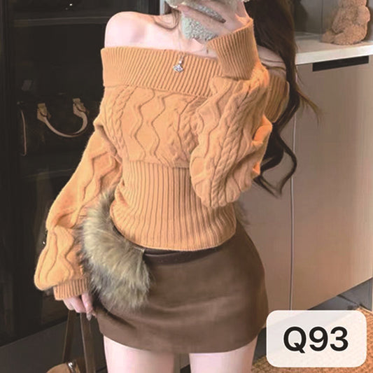 Korean-style Thickened Off-shoulder Long-sleeve Sweater For Women