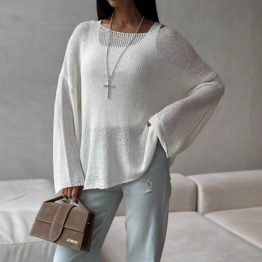 Women's Simple Solid Color Knitted Hollow-out Long-sleeved Sweater