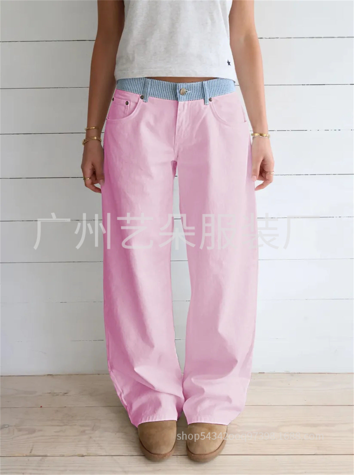 Contrast Color Letter Ribbon Decorative Straight Stitching Jeans