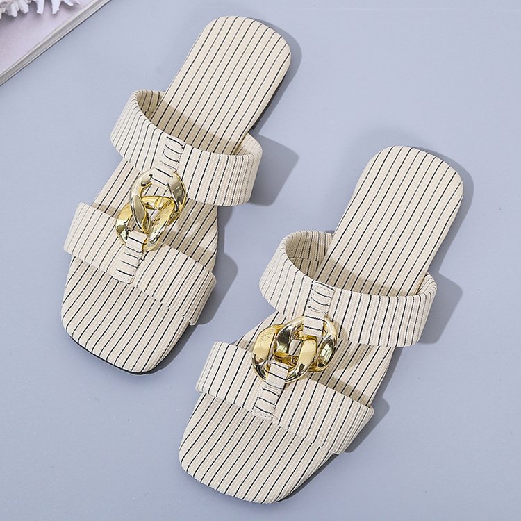 New Style Striped Metal Buckle Flat Bottom Casual Slippers Women