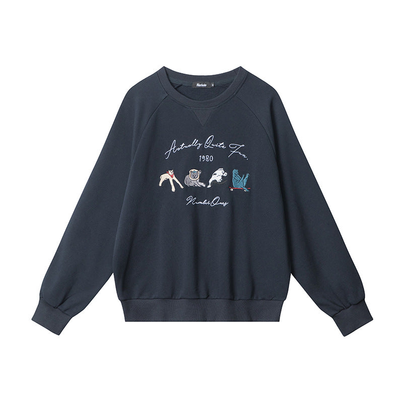 Rundhalset Løs Retrosweater Med Broderet Design Og Lange Ærmer