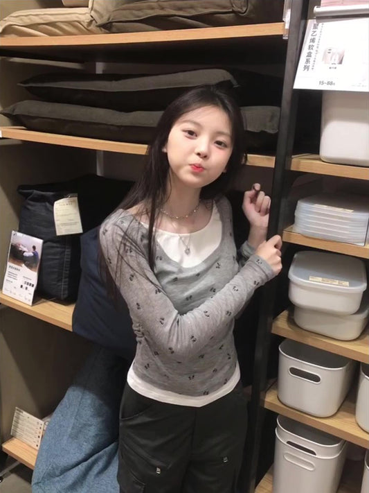 Butterfly Fake Two-piece Long-sleeved T-shirt Women's Slimming Top