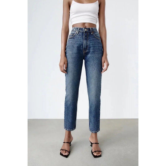 Women's Solid Color High Waist Loose Casual Denim Trousers