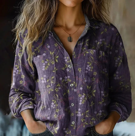 Women's Black Floral Pattern Print Casual Long Sleeve Cotton Shirt