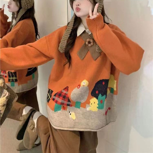 Cartoon Loose Orange Round Neck Long Sleeve Sweater