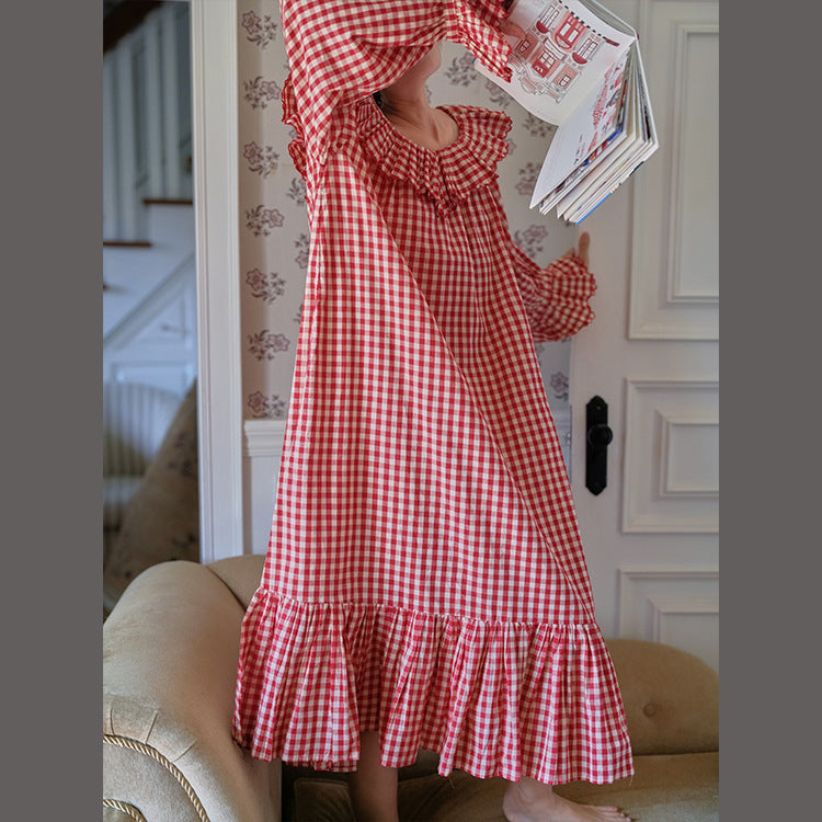Plaid Sweet Nightgown Loose Loungewear Outerwear-Friendly French-Style Womens SpringAutumn Nightgown