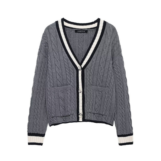 Women's Fashion Color Contrast V-neck Twisted Flower Cardigan Knitted Coat