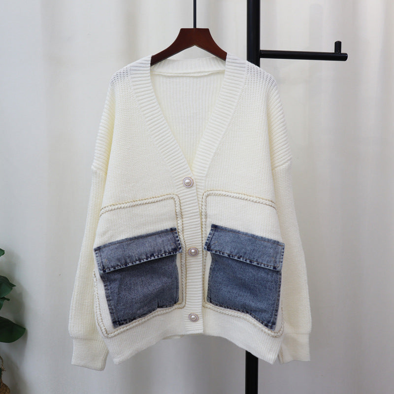 Denim Pocket Knitted Cardigan Loose Design Temperament Versatile Sweater Coat