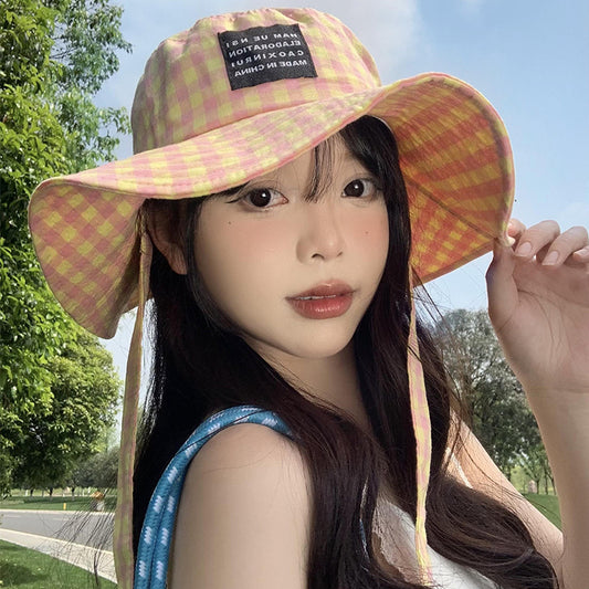 Tie-neck Plaid Bucket Hat Women's Summer Japanese Retro