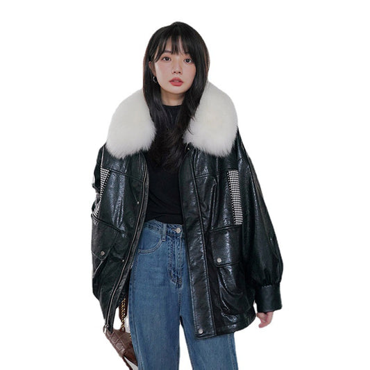 Loose Little Black Pie Overcoming Plaid Stitching Leather Coat And Cotton Jacket