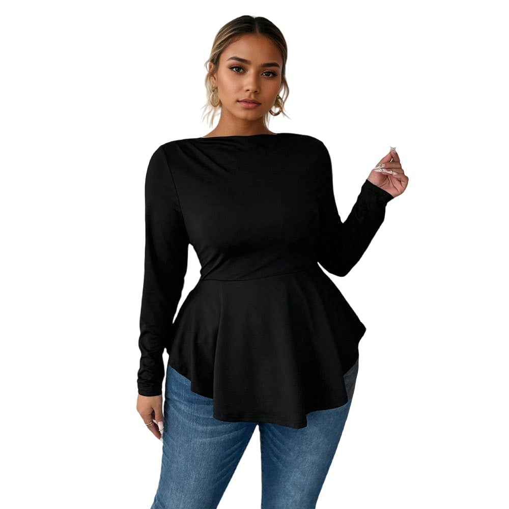 Irregular Hem Pleated Waist-cinching Long-sleeved Sexy Top