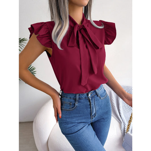 Women Elegant Commute Ruffle Trim Tie Bow Chiffon Top