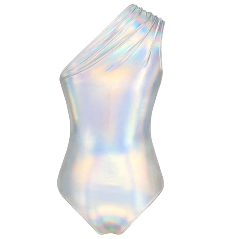 Oblique Shoulder Hot Girl Jumpsuit Metallic Glossy Sexy Party