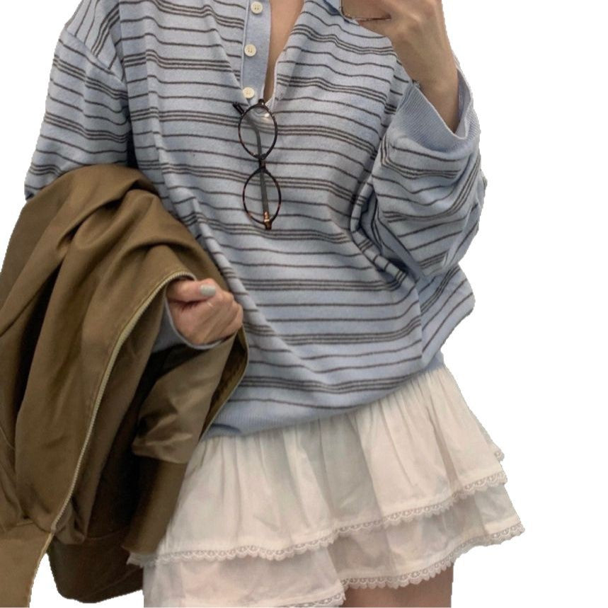 Blue Striped Sweater Women's Loose Long Sleeve Polo Collar Top