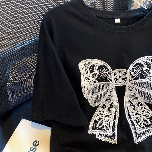 New Women's Fashion Bowknot Printed Short-sleeved T-shirt