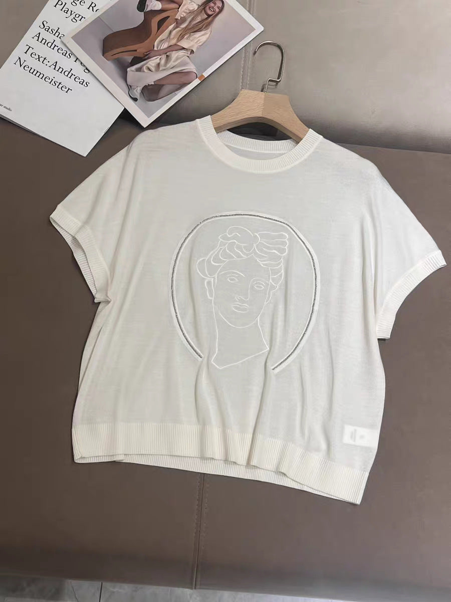 Young Commuter Heavy Industry Beads Pattern Pullover Wool Knitwear Short Sleeve Women