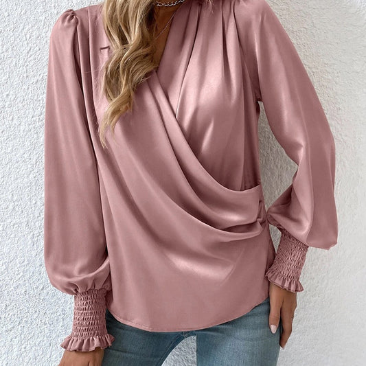 Womens V Neck Ruched Lantern Sleeve Elegant Solid Color Shirt