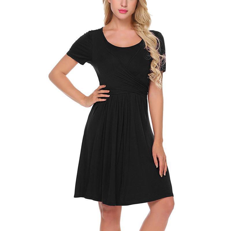 Womens Solid-Color Casual Loose Round-Neck Nursing Dress