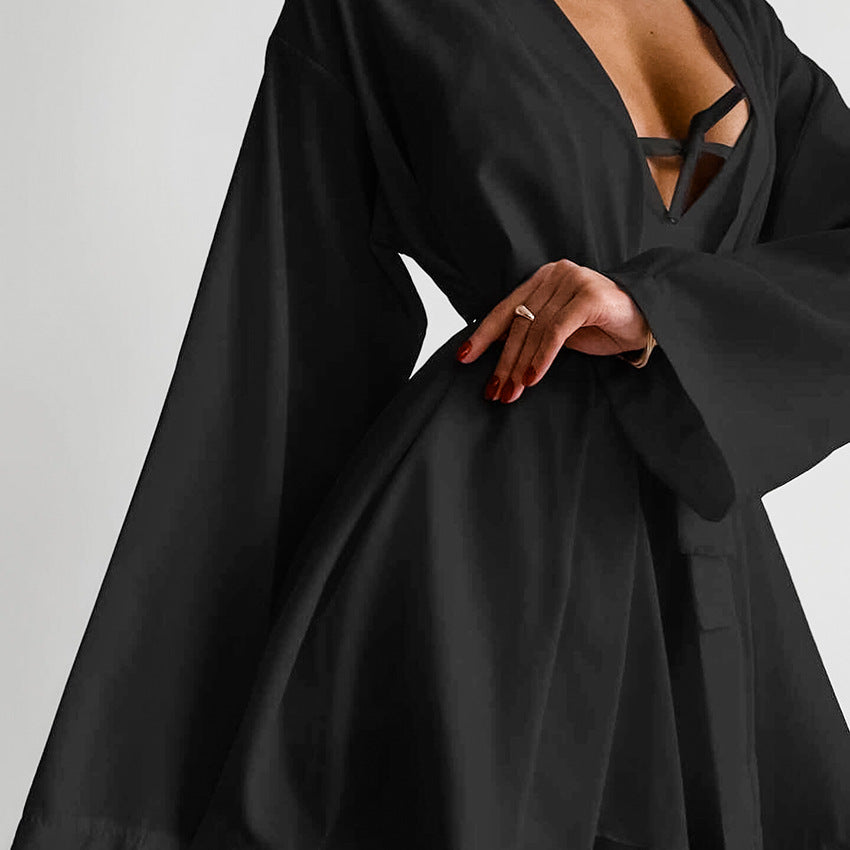 Chiffon Long-sleeved Sexy Underwear Slit Shorts Three-piece Pajamas