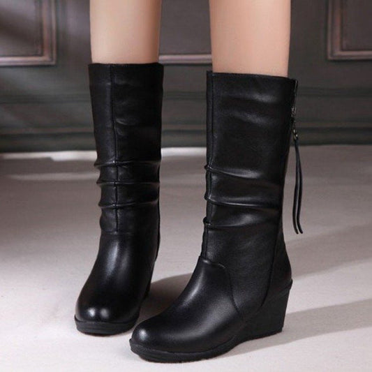 Women's thick-soled British style mid-tube boots