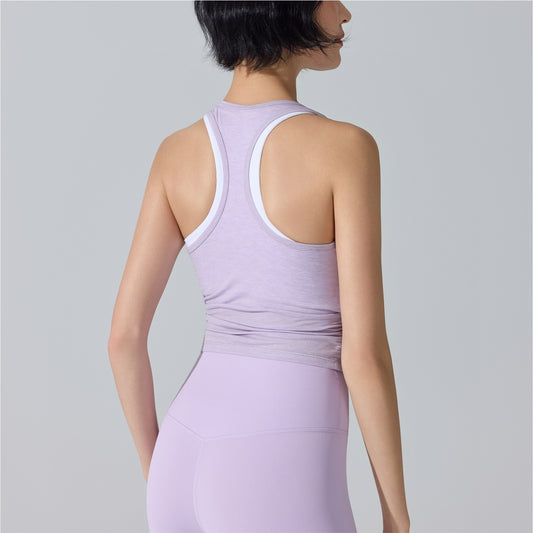Sports Vest Quick-Drying Breathable Fake Two-Piece Sleeveless Blouse Integrated Cup Padding Yoga Wear