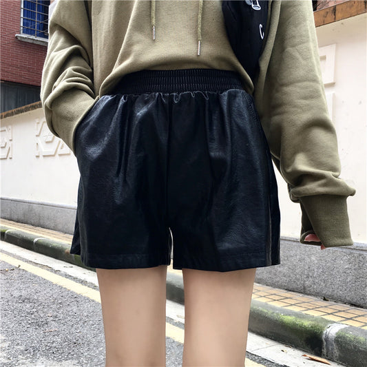 High Waist Small A-line Trendy Wide Leg Pants PU Leather Shorts