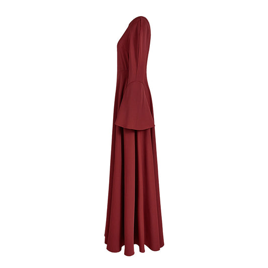 Round-neck Long-sleeve Minimalist Red Maxi Dress With A Fitted Waist And Panel Detailing