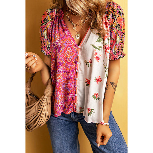 Fashion Floral Printed V-neck Single-breasted Shirt