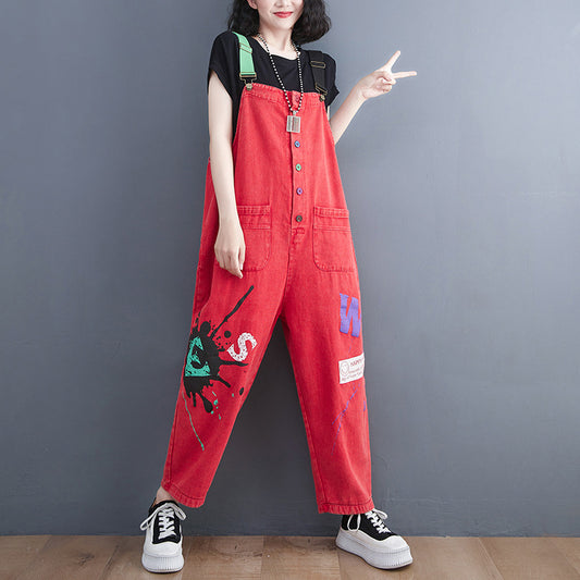 Women's Summer Thin Loose Plus Size Printed Denim Overalls