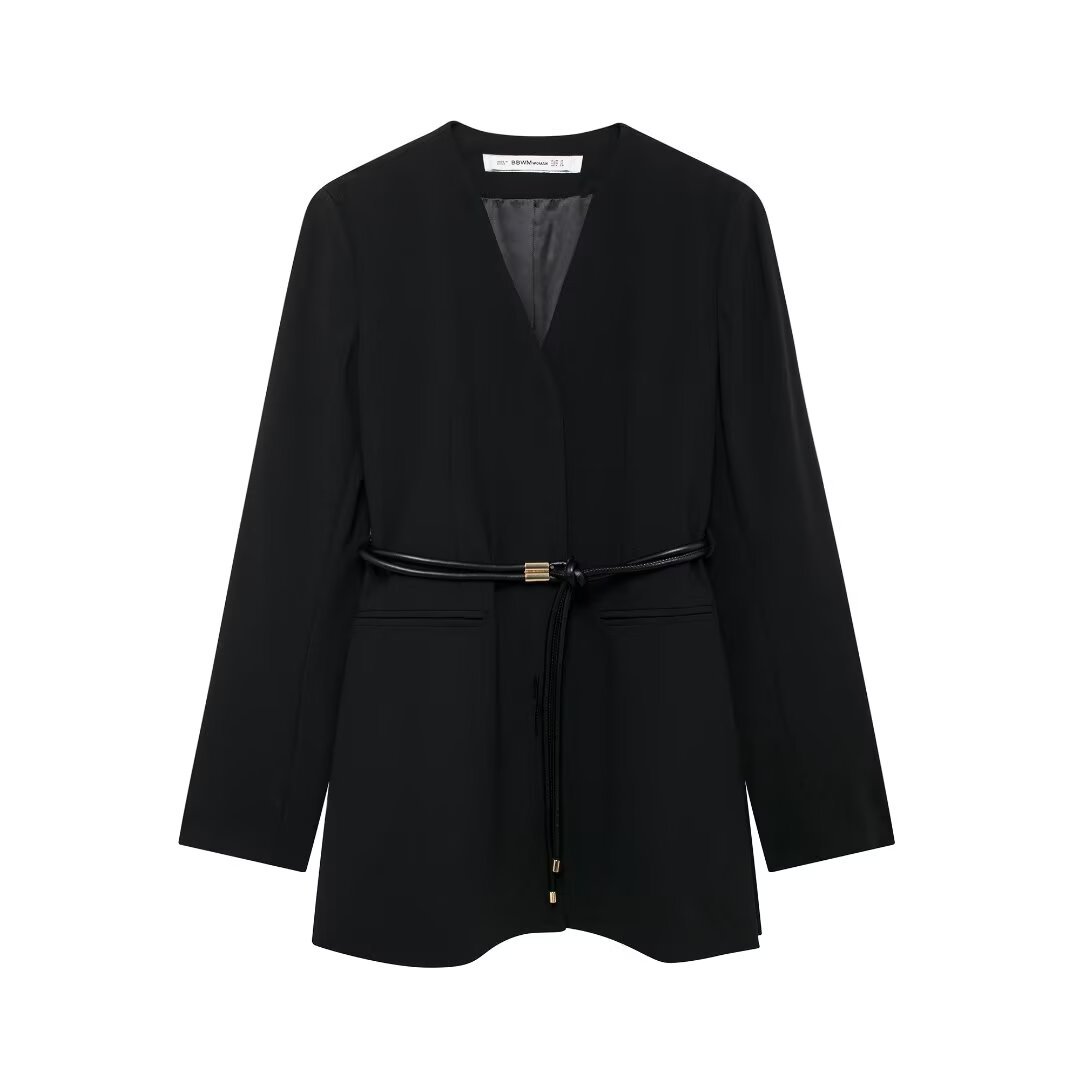 V-neck Blazer With Belt High-waisted Flared Trousers Set