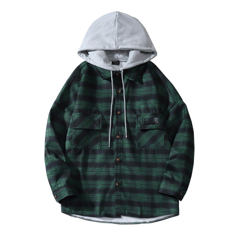 Hooded Plaid Shirt Men's Loose Casual Jacket Student