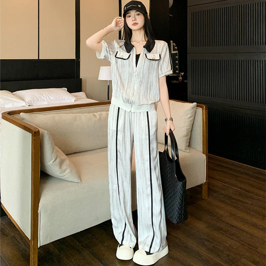 Womens Stylish Youth-Enhancing Lapel Collar Color-Block Short-Sleeve Cardigan Two-Piece Set