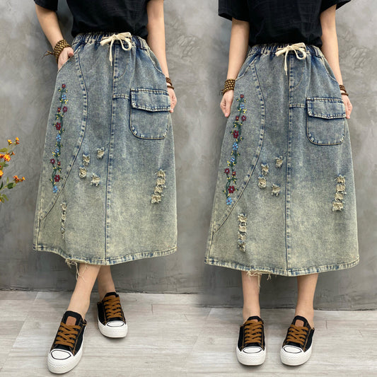 Vintage Embroidered Hole Denim Skirt Spring And Autumn New Style