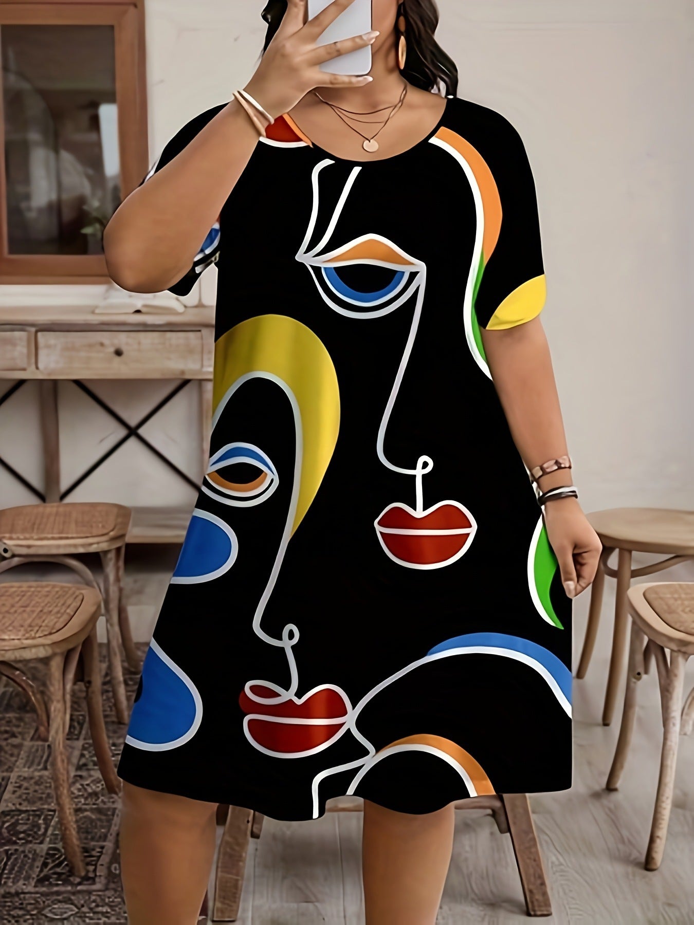 SpringSummer Fashion Womens Plus-Size Casual Simple All-Over Print Dress