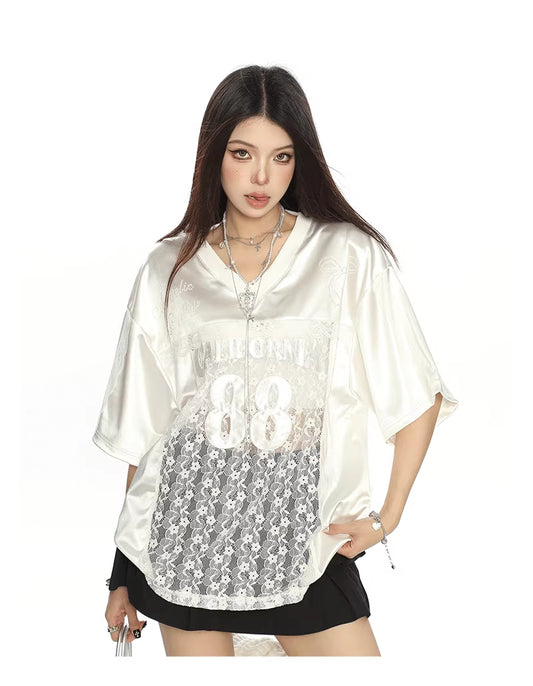 American Retro Lace Stitching Letter Embroidery Short Sleeve T-shirt