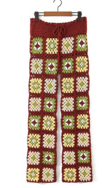 High Waist Colorful Flowers Pattern Handmade Crocheted Trousers