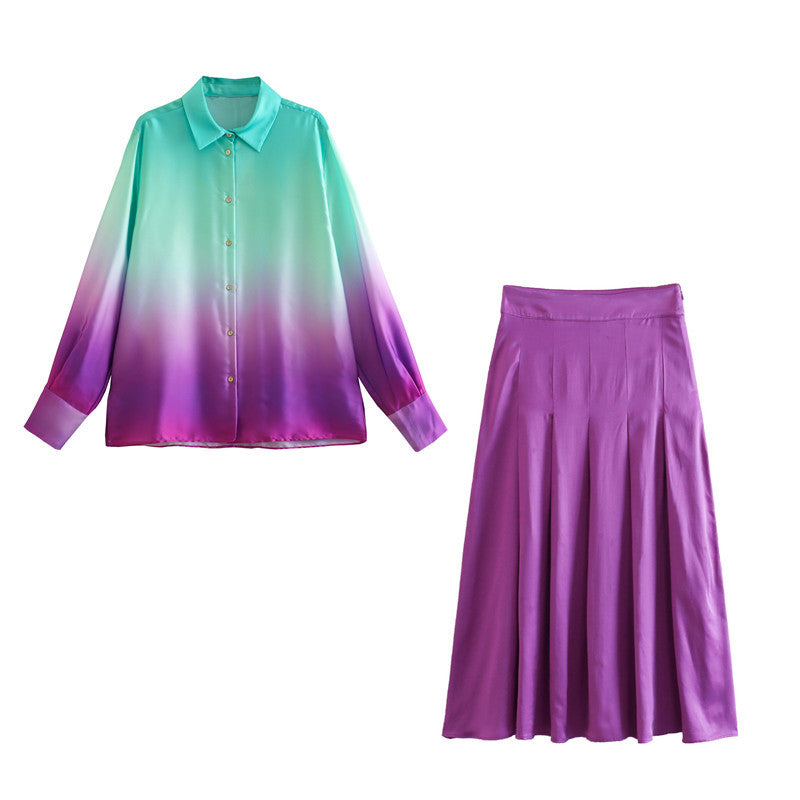 Long Sleeve Tie-dyed Loose Shirt Silk Satin Pleated Suit Women