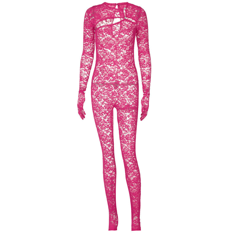 Women's New Fashion Cut-out Slim Round Neck Long-sleeved Jumpsuit