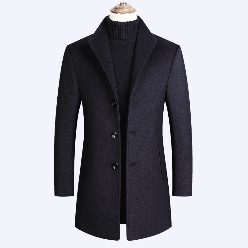 Shun Mao Youth Solid Color Casual Mid-length Woolen Coat
