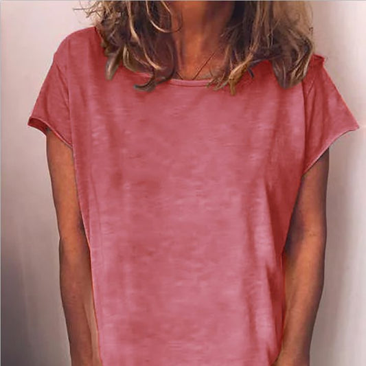 Round Neck Solid Color T-shirt Loose All-match Short Sleeve Women's Top