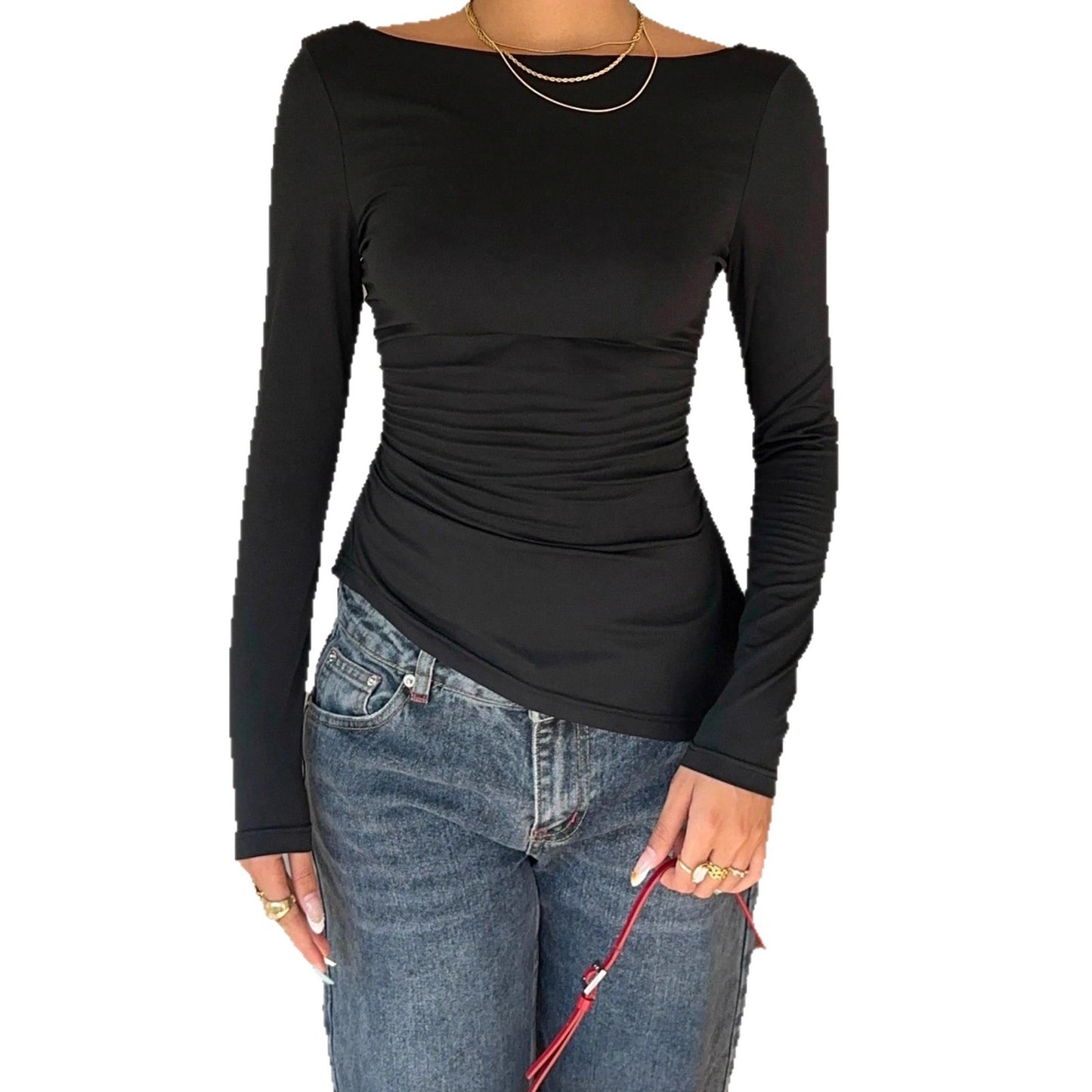 Women's Lace Bow Back Slim Long Sleeve