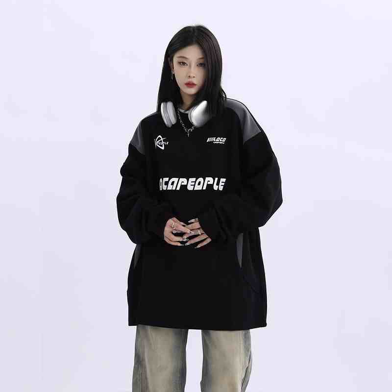 Racing Element Round Neck Long Sleeve Sweater Loose Couple's Tops